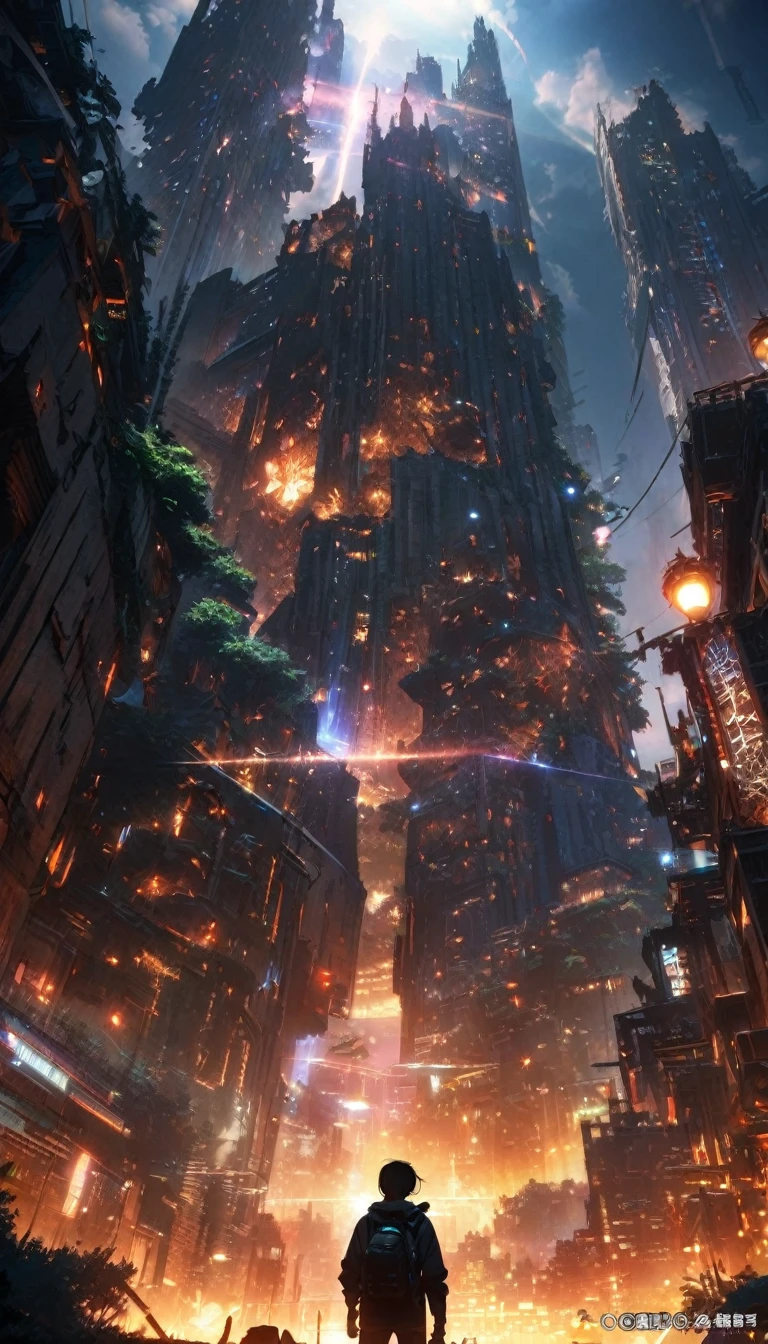 8k、RAW Photos、Highest quality、look up:1.2、masterpiece:1.2、Genuineistic、Ultra-high resolution、High Contrast、Photon Mapping、Genuine、Very detailed、Official Art, RAW Photos、professional Lighting、 Light、Vivid atmosphere、twiceLight) This anime scene、While carrying the atmosphere of Makoto Shinkai's work,、Expressing a post-apocalyptic world view。Looking out over the city skyline from the forest with a backpack、Evoking moving scenes like those of Makoto Shinkai'Work of.。 High-rise buildings in the city are covered with trees from the walls and windows々Jump out、Buildings are covered with lush jungle.、It depicts a futuristic landscape where nature and the city are fused.。A city bathed in bright sunlighuggests a bright and hopeful future.。 A girl trying to enter the buildings of the city、It symbolizes young people trying to leap into society.。and、A pure white cat beside me、As a familiar presence、Observing a girl'A journey。 This scene、Following the style of Makoto Shinkai、It depicts a unique post-apocalyptic anime world.。