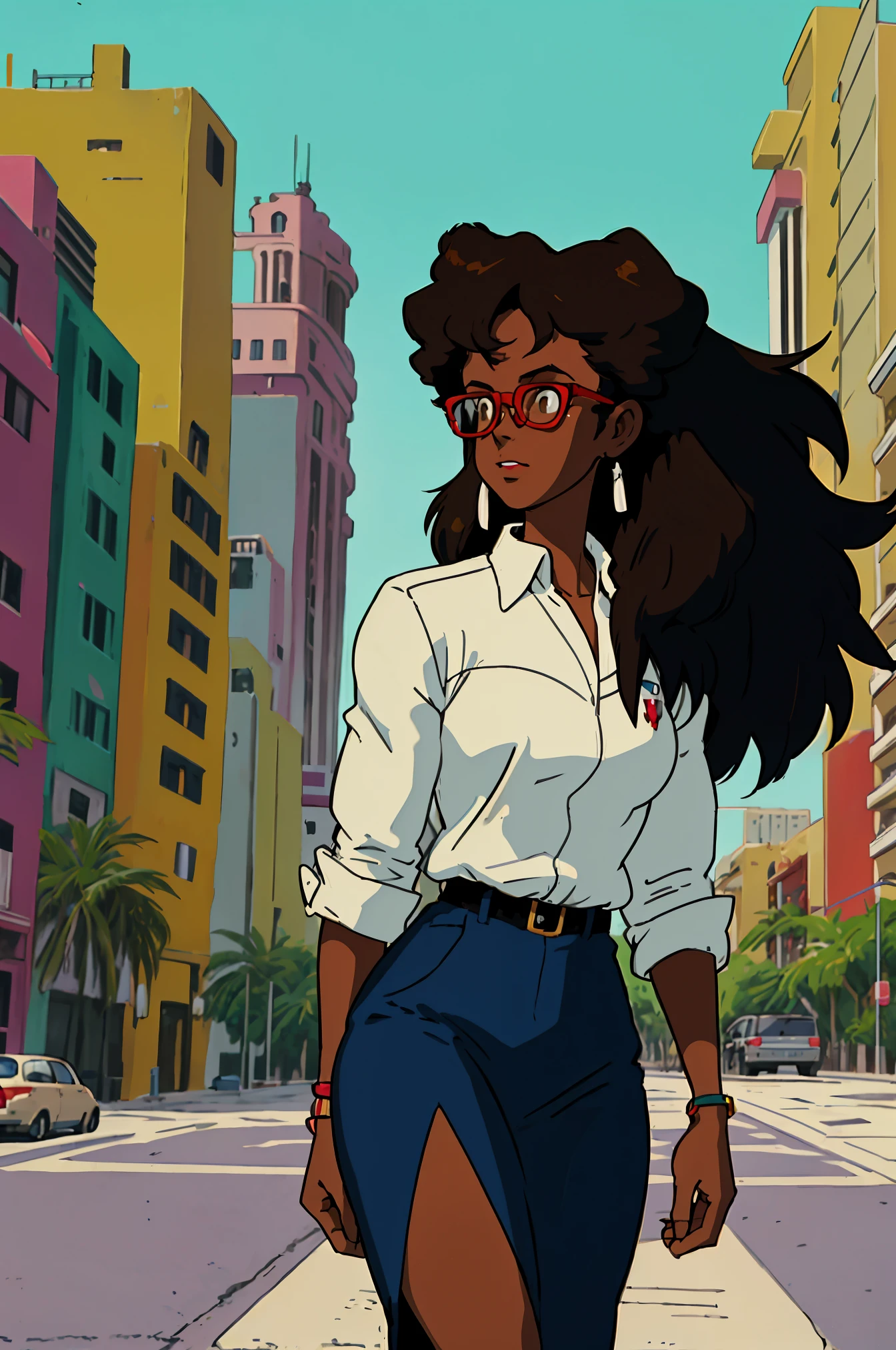 cowboy bebop, black female character, dark skinned, black girl, 30, long hair, brown eyes, blue light, wearing Ralph Lauren, on a busy street, red glasses, programmer, gamer, miami