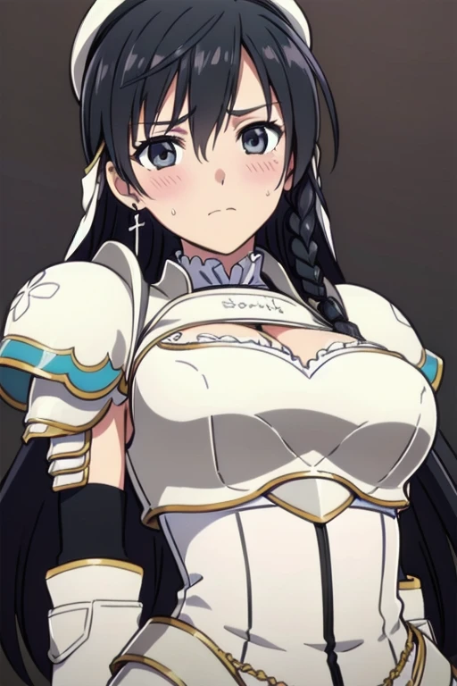 Sonia Blanche, cross earrings, hair ornament, veil, armored dress, pauldrons, breastplate, (white beret), 1girl, solo, upper body, big breasts, facing viewer, looking at viewer, aroused facial expression, blush, sweat, (simple dark background), close-up, view from below