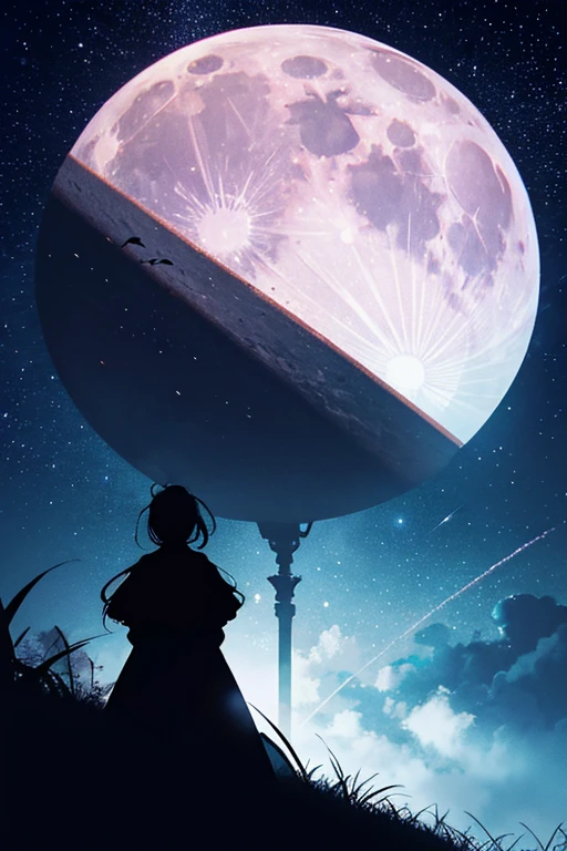 Highest quality,Big moon and shadow,A silhouette of a person can be seen against the backdrop of a large moon.,There is one full moon,There is a mood,Beautiful scenery,Starry Sky