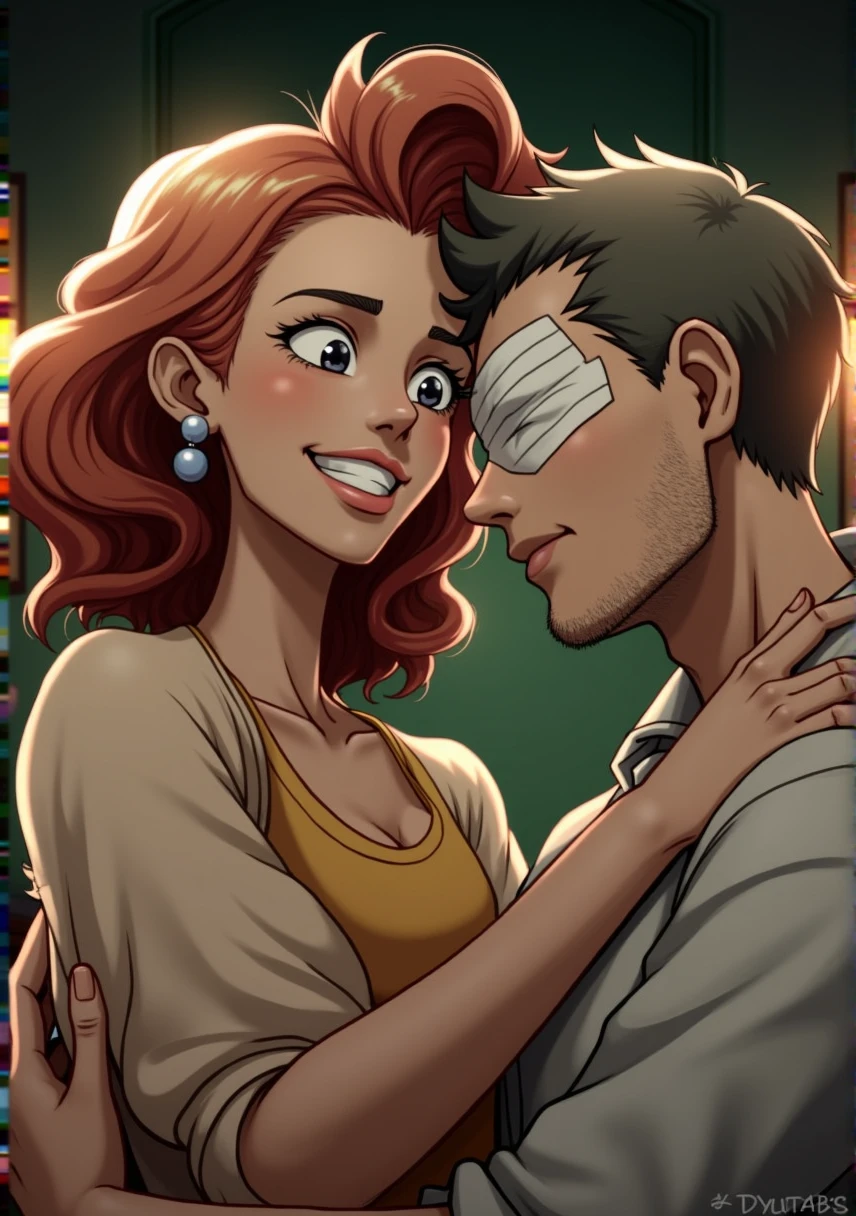 "The husband, after a tragic accident, is shown with bandages over his eyes, symbolizing his blindness. Despite this, the couple continues their life together, with the husband embracing his wife, showing deep love and affection."