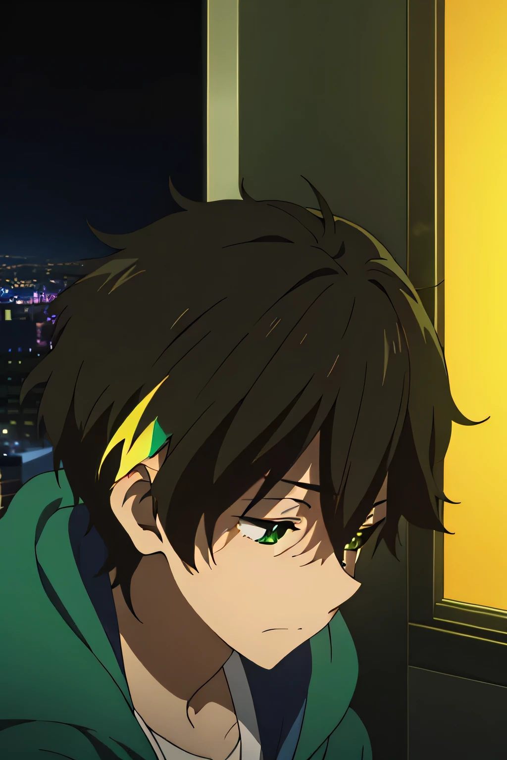 1 boy, brown hair, green eyes, hoodie, random cute face, looking at phone, closed mouth, side shot, zoom camera, standing against wall , phone in hands, bedroom, window, city lights, night room
, anime_coloring,anime_keyvisual, colorful,vivid