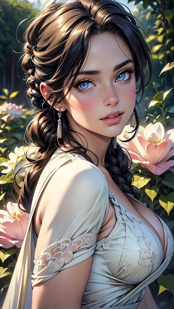 (top quality,4K,8 K,a high resolution,masterpiece:1.2),super detailed,(realistic,photorealistic,photo-realistic:1.37),detailed and beautiful eyes,thick and beautiful lips,very detailed eyes and face,long eyelashes,[USA, bright colors,soft natural light,romantic atmosphere,bright flowers, flowy dress,feminine and elegant pose,Happy and confident look, Haute Couture Style, Dreamy landscapes, Artistic portrait, quality of art printing, oil painting techniques, impressionistic style.