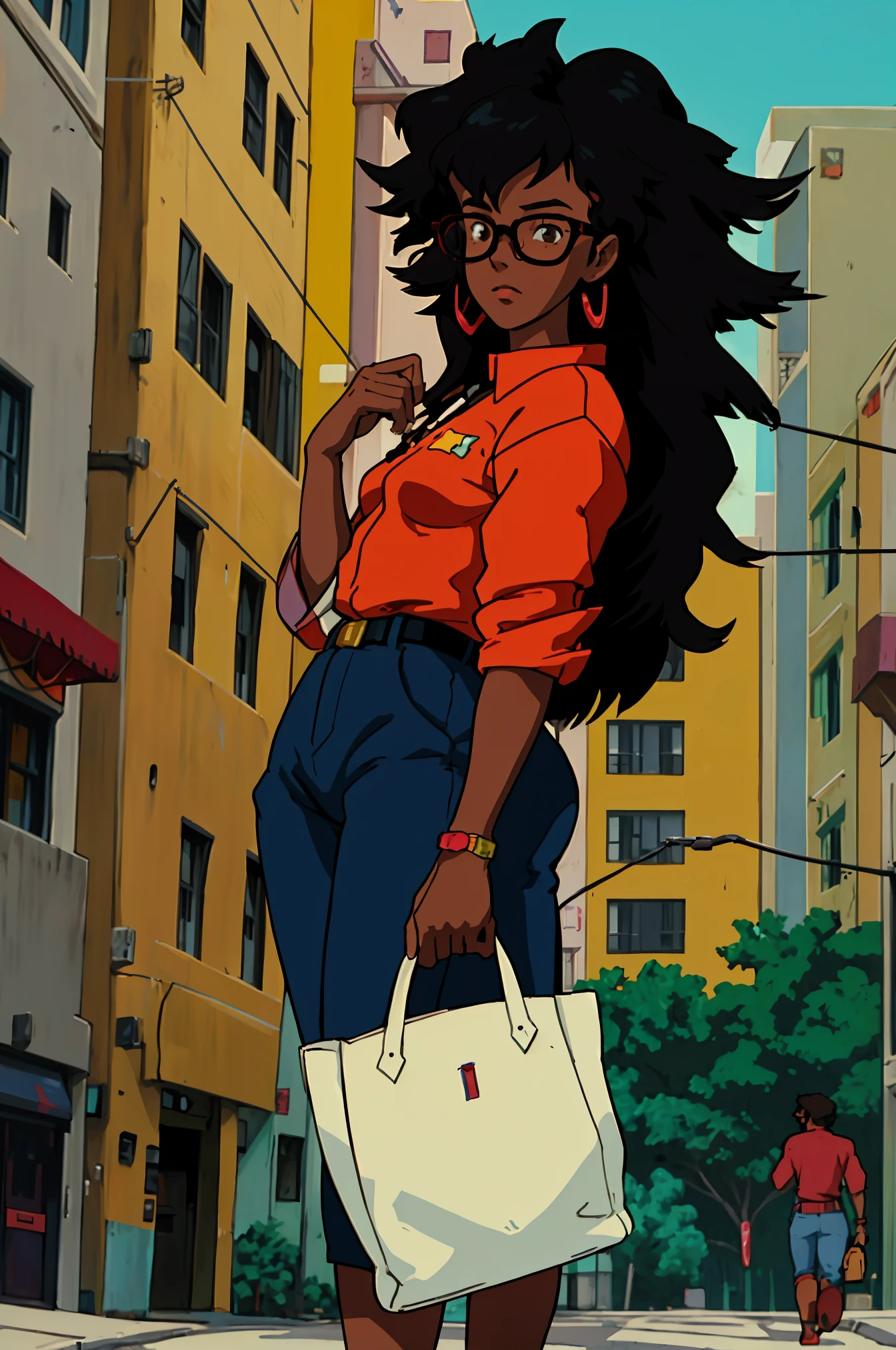 cowboy bebop, black female character, dark skinned, black girl, 30, long hair, brown eyes, blue light, wearing Ralph Lauren, on a busy street, red glasses, programmer, gamer, miami