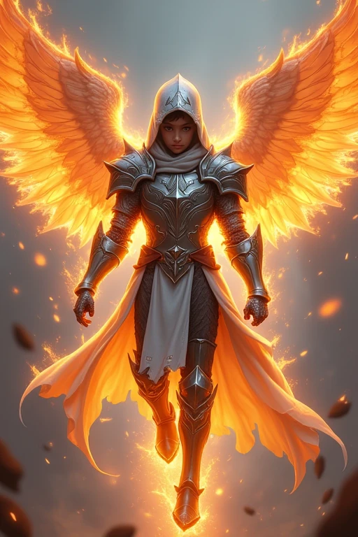((Demacia knigth)) (silver armor)(masculine ) (guerrero)( 15-year-old boy) ( with mixed skin complexion) (With gleaming wings adorned with hieroglyphs written on them ) (ready to attack) ( Their face covered with a hood) (levitating, With a Fire Aura) ( His face is not seen)