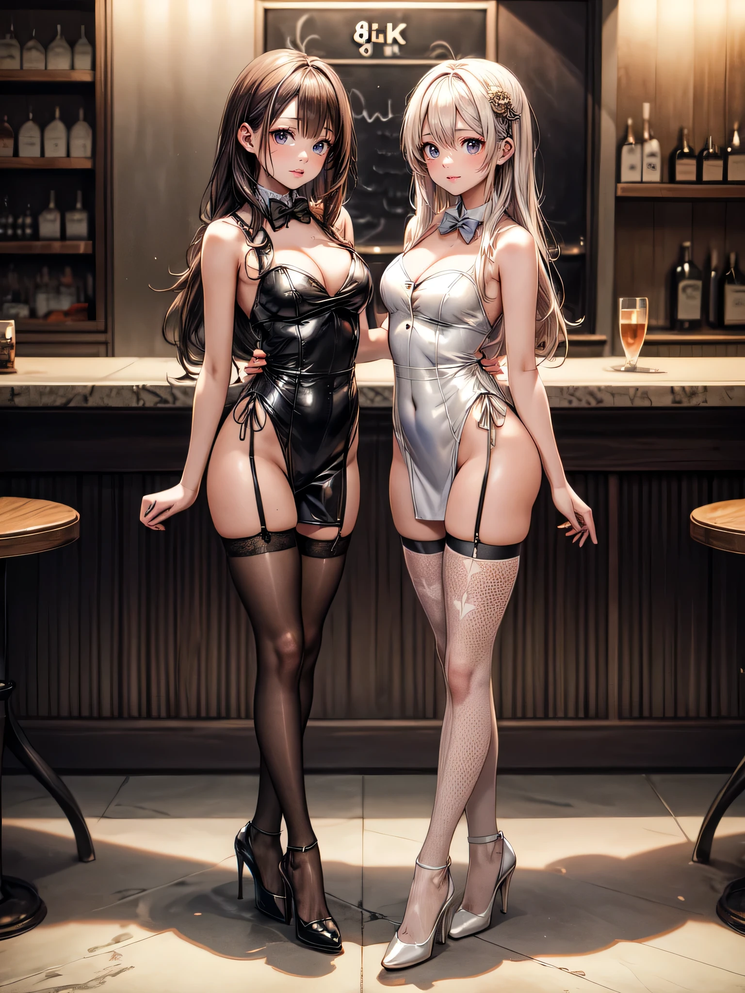 (masterpiece, best quality, highest quality, Masterpiece, 8k:1.5),((Full Body Shot,Including face)), 1girl, ((Focus on the face,Symmetrical facial features)), Beautiful woman, (Slender),((High heels,Patterned stockings with straps)), Detailed depiction of the face, Cafe clerk , bar counter, profile, Bunny girl, Slenderな女性, medium long, Vertical Roll,