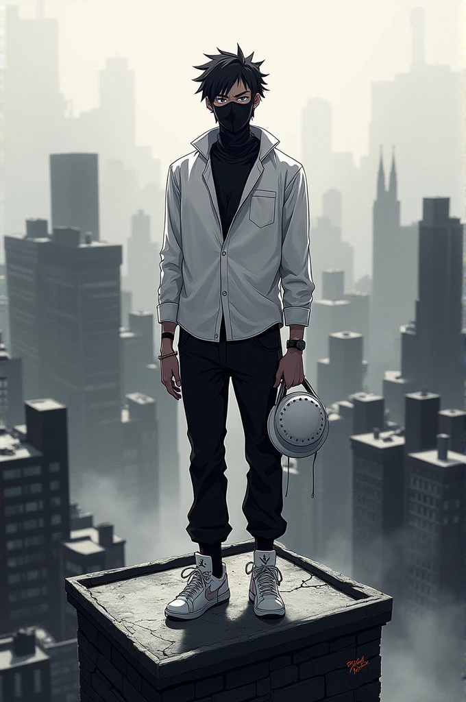 Anime character obito with his mask, standing over a roof top and he also hanging a white colour helmet like an engineer. He wearing a white shirt black pant and white air jordan snickers. His background is many buildings which is black and white. And this image must be facebook cover ratio.