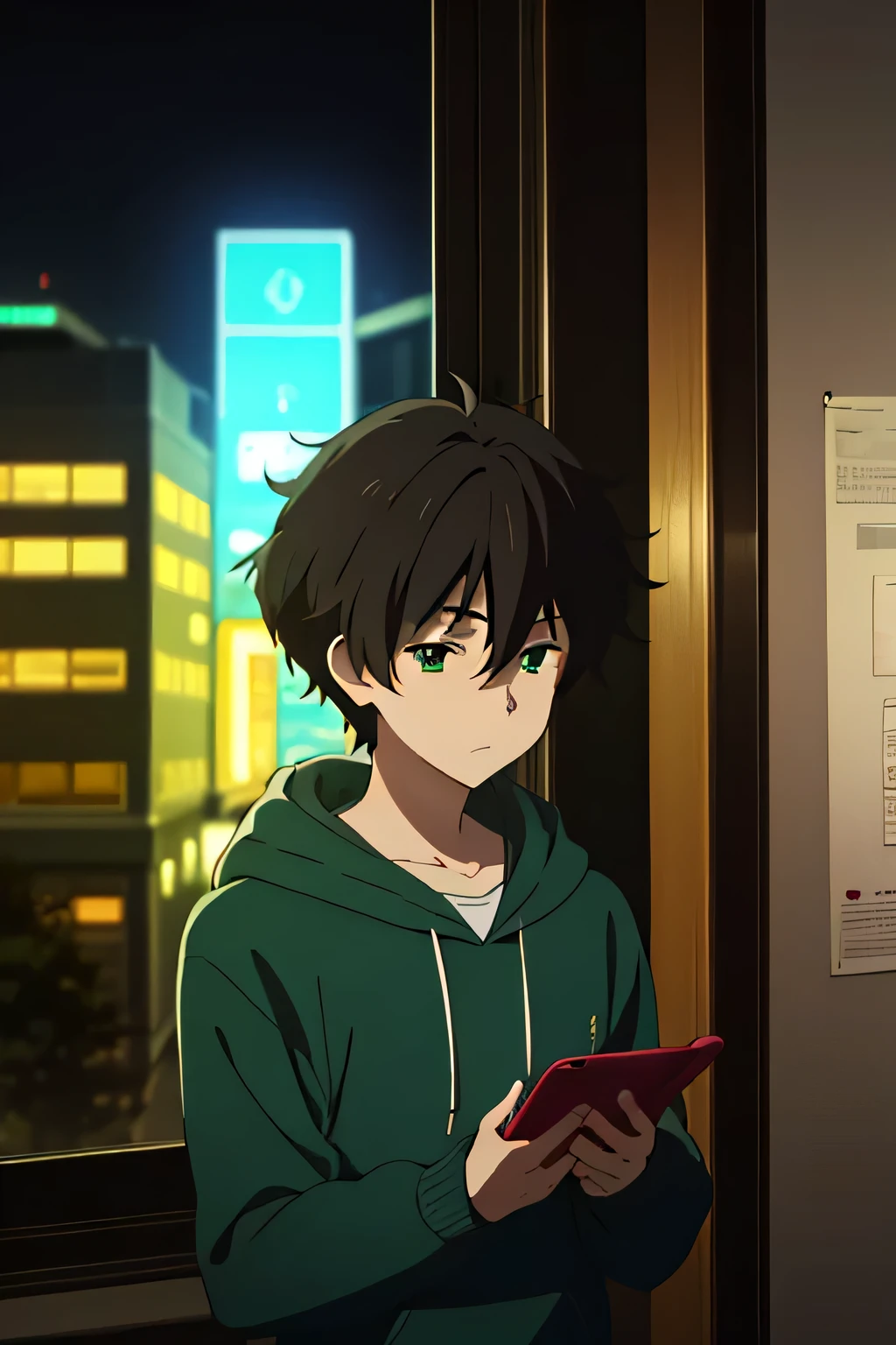 1 boy, brown hair, green eyes, hoodie, random cute face, looking at phone, closed mouth, side shot, zoom camera, standing against wall , phone in hands, bedroom, window, city lights, night room
, anime_coloring,anime_keyvisual, colorful,vivid