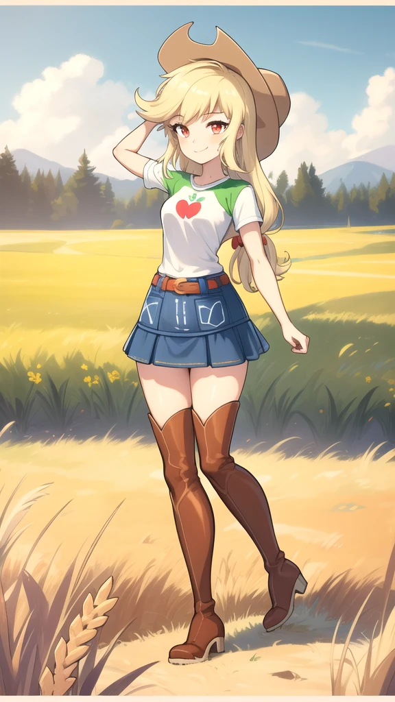 (masterpiece, best quality:1.2),cowboy shot,solo,1girl,mlpapplejack,smile,looking at viewer,low-tied long hair,cowboy hat,shirt,denim skirt,belt,wheat, thigh high boots, field,vector trace, full body, skinny legs, brown boots, red eyes,
Ultra quality, 8K, masterpiece