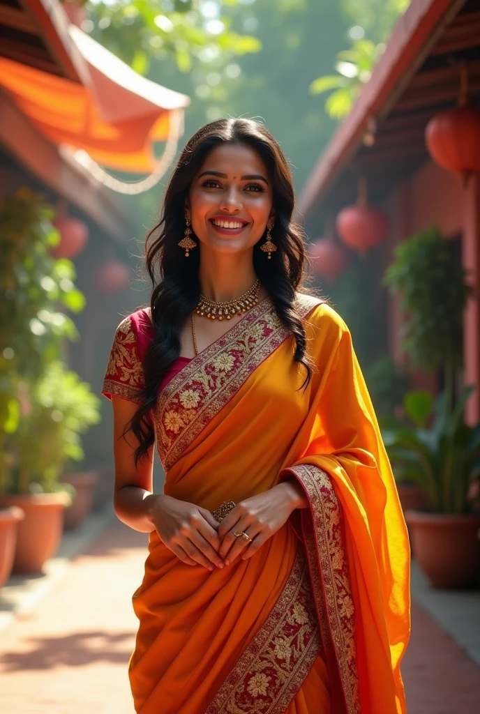 An Indian woman smiling in heels