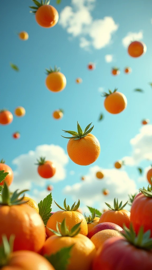 Lot of fruits falling from the sky