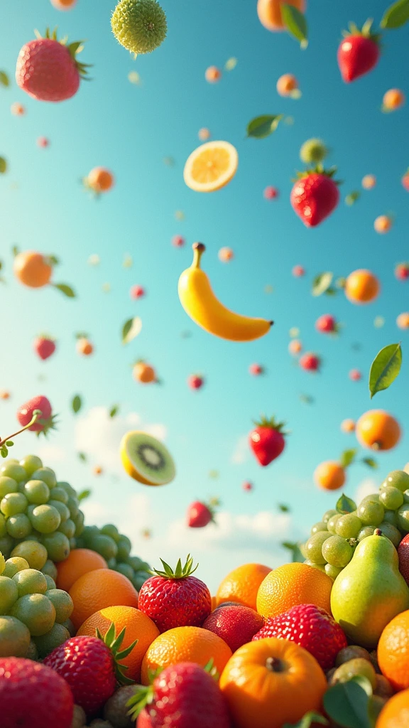 Lot of fruits falling from the sky