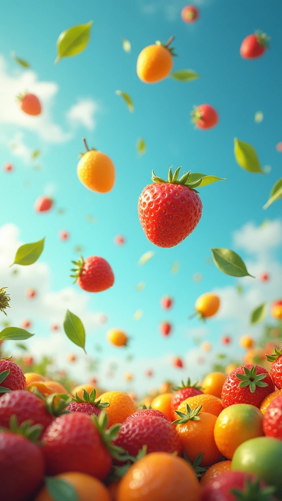 Lot of fruits falling from the sky
