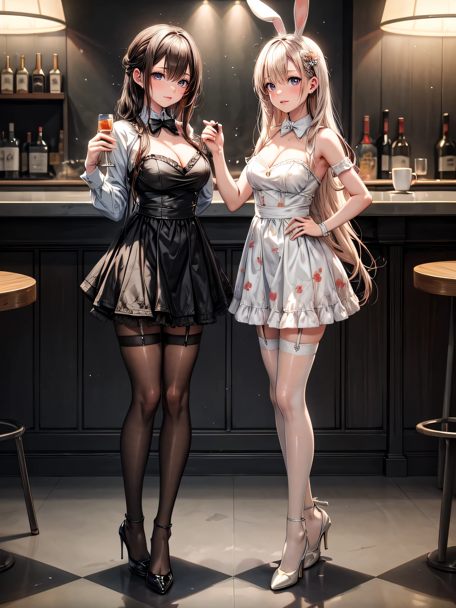 (masterpiece, best quality, highest quality, Masterpiece, 8k:1.5),((Full Body Shot,Including face)), 1girl, ((Focus on the face,Symmetrical facial features)), Beautiful woman, (Slender),((High heels,Patterned stockings with straps)), Detailed depiction of the face, Cafe clerk , bar counter, profile, Bunny girl, Slenderな女性, medium long, Vertical Roll,