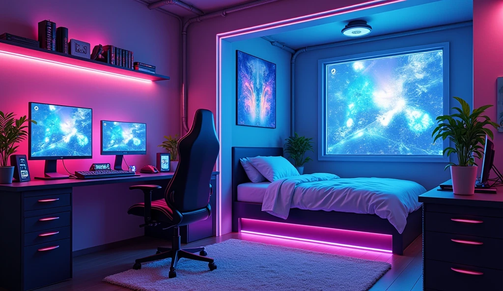 a vibrant cyberpunk gaming bedroom, adorned with captivating blue-purple neon lights , bring a futuristic atmosphere to life
