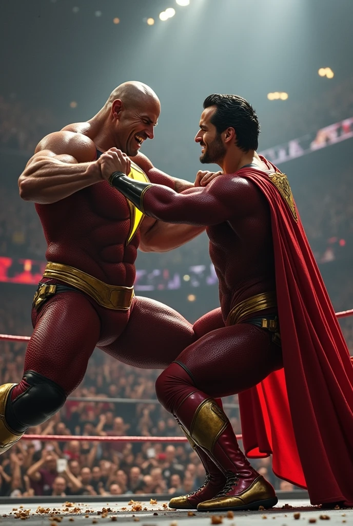 A highly detailed, cinematic scene of Black shazam , played by Dwayne "The Rock" Johnson, and Superman, portrayed by Henry Cavill, engaged in an intense wrestling match on a WWE wrestling stage, with dynamic camera angles, dramatic lighting, and a sense of raw power and spectacle. Muscular, photorealistic character designs, intricate costume details, sweat-soaked skin, grappling moves, debris, and a crowd cheering in the background. Cinematic camera angles, dynamic action, and a gripping, high-stakes confrontation between the two iconic superhero characters