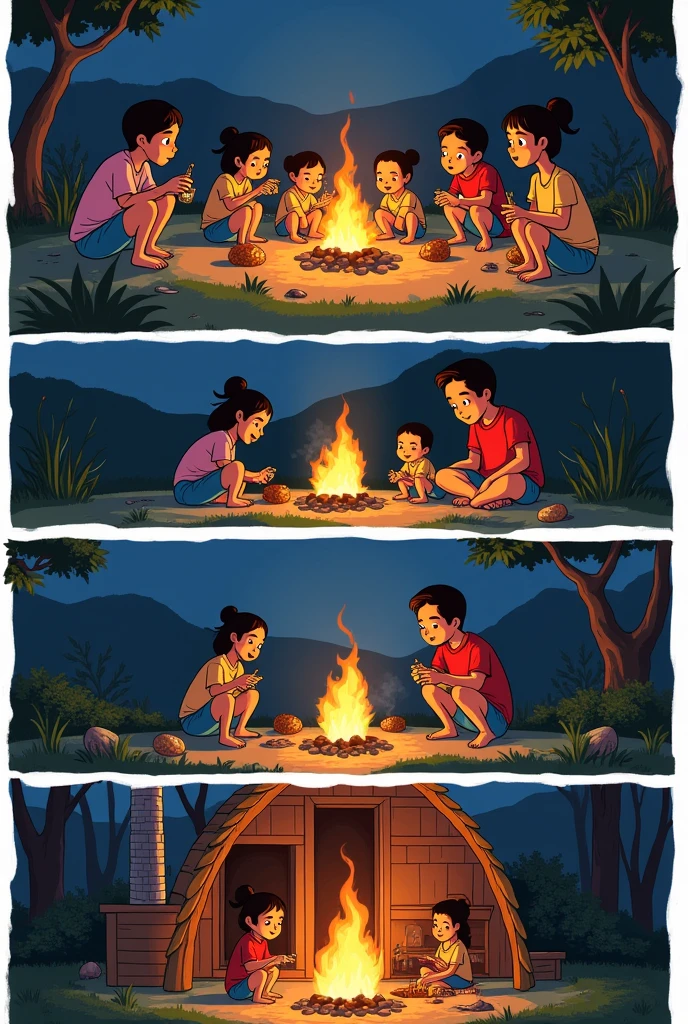 Give me a picture of a comic and have a 5 panels
In the first panel was Merong family camping and in the middle was the campfire done in the second panel was also Merong three gathered and the third panel also was brought to them by their grandfather and Lola and on the fourth panel they entered a house Kubo where they stayed again