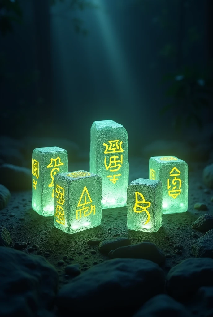 5 glowing stones inscribed with yellow runes