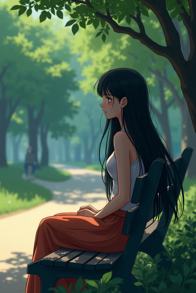 Creat a sad almost crying long black hair form side view  girl waiting for boy on banch  in background make a park type and girls clothes colourful , gils looks little older like 23 age