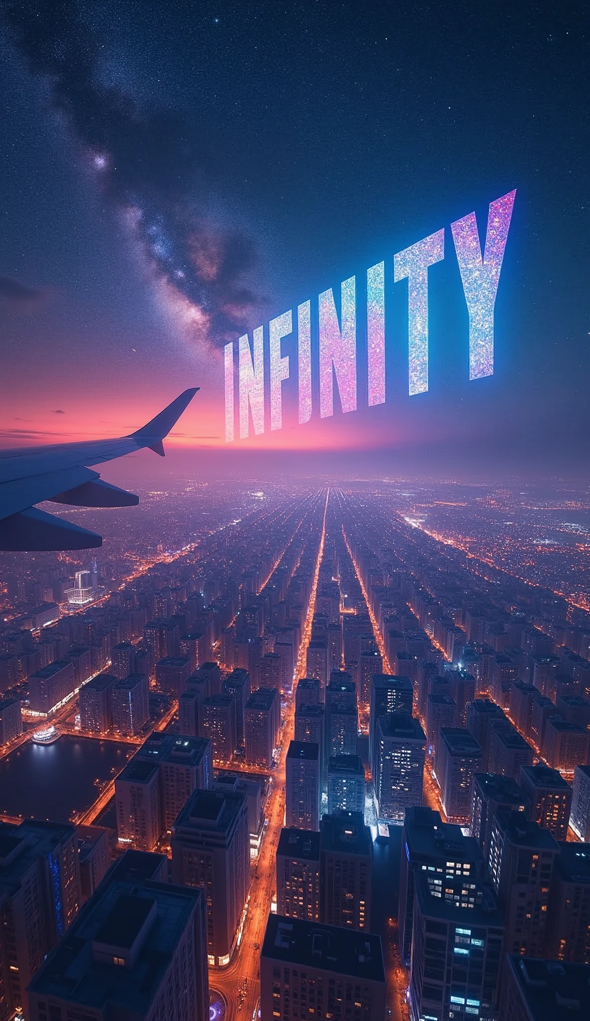 Landscape Photography,Shot from an airplane,(Future City:2.0),(With rainbow holographic colors"Projecting the words 'Seaart infinity' onto the night sky:2.0),(masterpiece:1.2,Highest quality,Ultra-high resolution,Very detailed,8k,Realistic,Best aesthetics),beautiful,(dynamic)