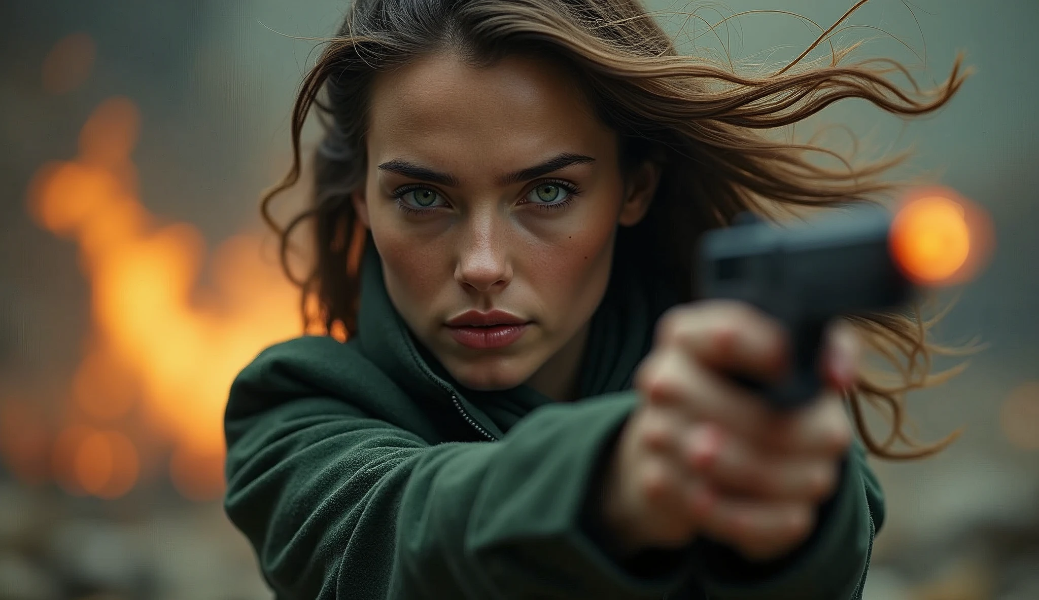 a gorgeous young european woman, 23 years old, high detailed face with beautiful eyes, lips and skin, in dynamic motion, motion blur effect, action pose, photorealistic, cinematic lighting, dramatic colors, fantasy atmosphere, intricate details, 8k, best quality, high resolution, masterpiece