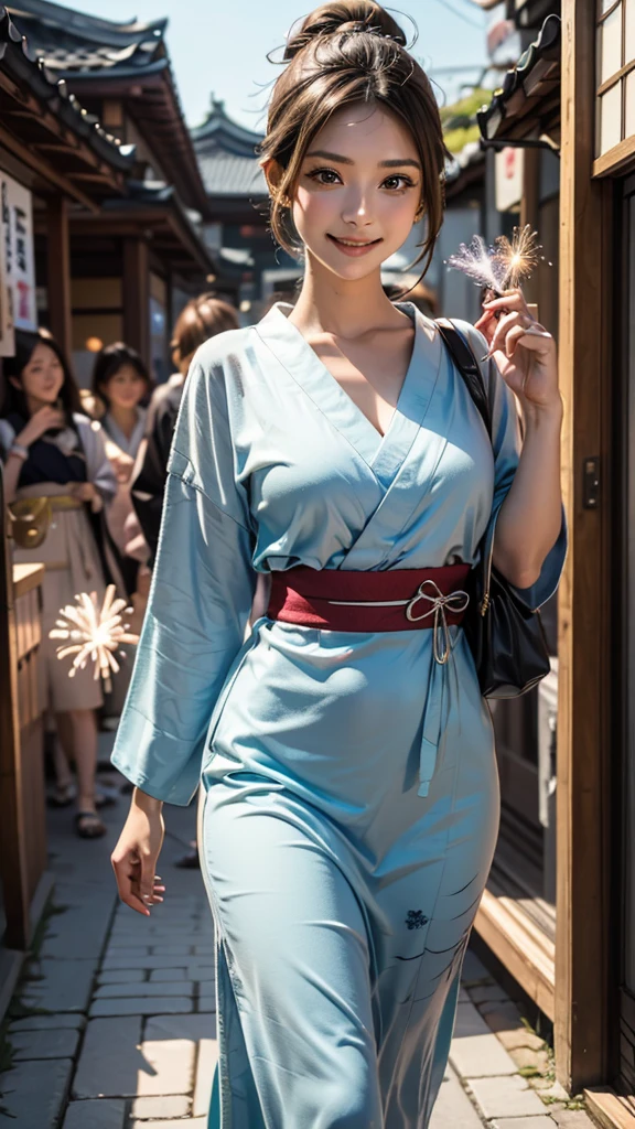 (((HD photo))), ultra high res.photorealistic:. 1.4, UHD, masterpiece, trending on artstation, portrait, (1woman, 43yo) , pretty, cute face, most beautiful in the world, soft, delicate, (brown hair, ponytail), cute breasts, (wearing detailed very elegant yukata ), (Japanese traditional summer festival :1.4, fireworks:1.4), examination, (walking with attractive smiling at camera ) , bare your cute smile ), (beautiful romantic night ),((shoot from front))