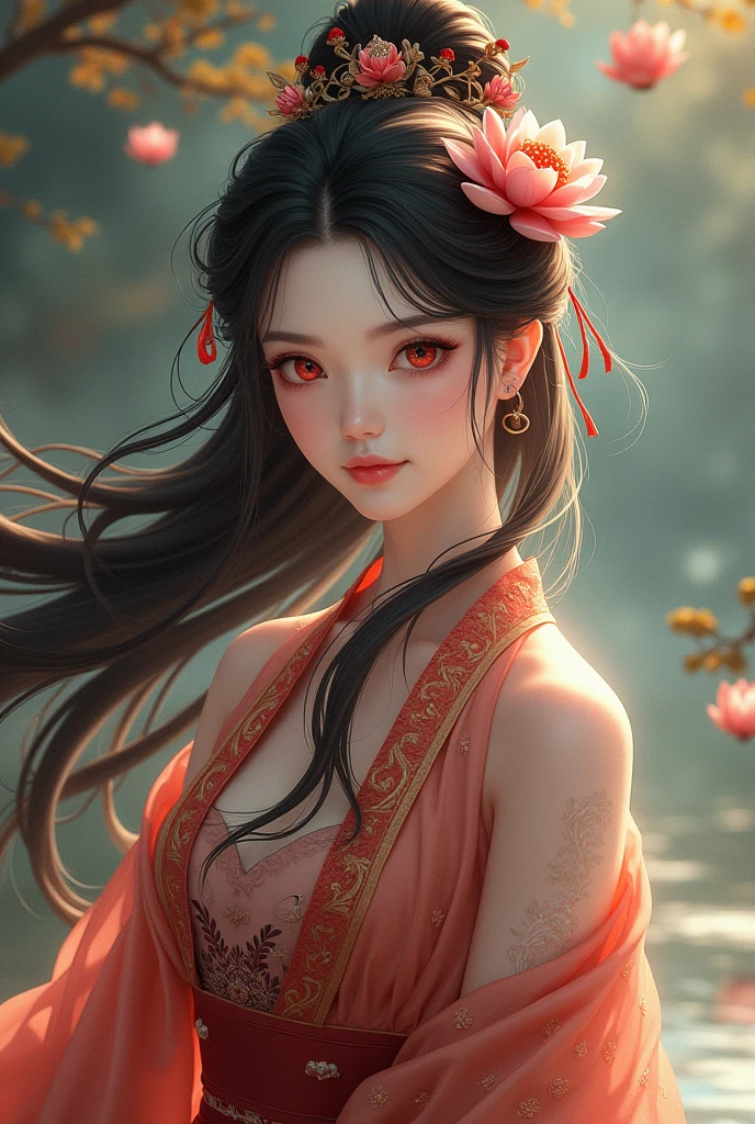 She is a brunette with long hair, dressed in medieval Chinese style clothing with a lotus flower hairpin, she has red eyes and black hair.