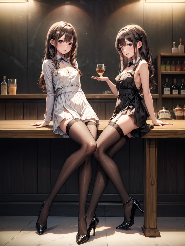 (masterpiece, best quality, highest quality, Masterpiece, 8k:1.5),((Full Body Shot,Including face)), 1girl, ((Focus on the face,Symmetrical facial features)), Beautiful woman, (slender),((High heels,Patterned stockings with straps)), Detailed depiction of the face, Cafe clerk , bar counter, profile, Bunny girl, slenderな女性, Medium Long, Vertical Roll,