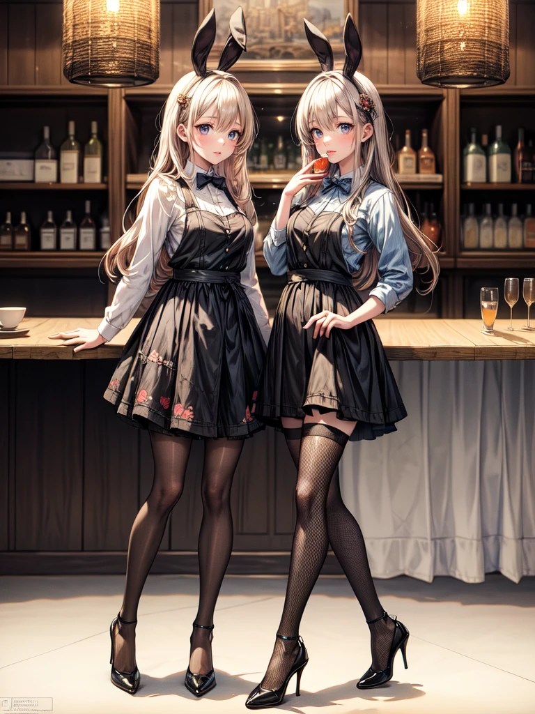 (masterpiece, best quality, highest quality, Masterpiece, 8k:1.5),((Full Body Shot,Including face)), 1girl, ((Focus on the face,Symmetrical facial features)), Beautiful woman, (slender),((High heels,Patterned stockings with straps)), Detailed depiction of the face, Cafe clerk , bar counter, profile, Bunny girl, slenderな女性, Medium Long, Vertical Roll,