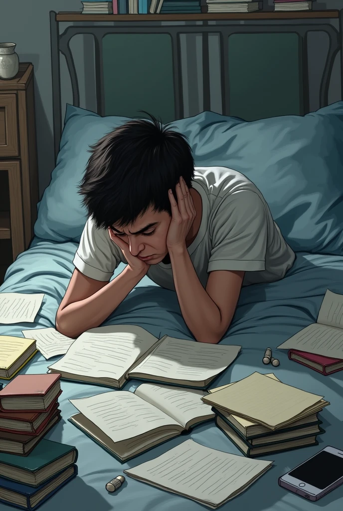 A student was suffering from back pain while studying in bed with books scattered on the floor.