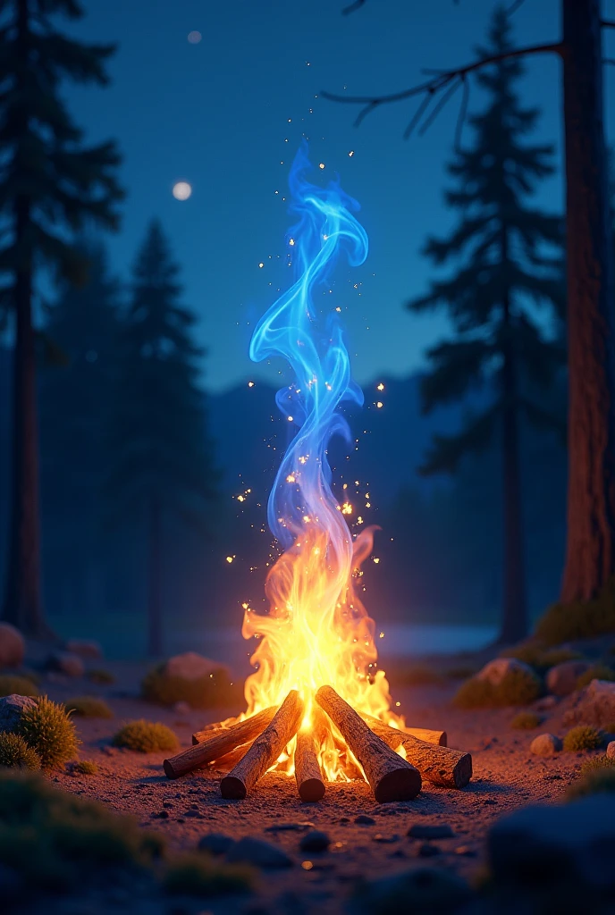 create a realistic campfire with blue and yellow flame