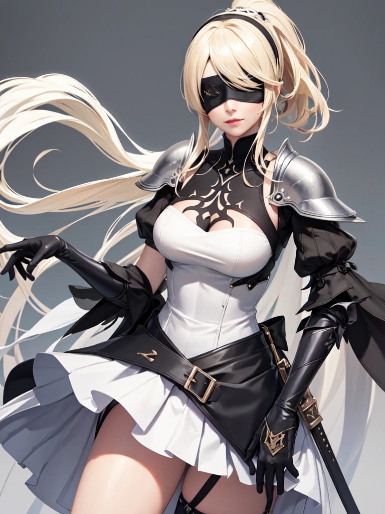 (Ultra extreme detailed),(Masterpiece),(Ultra extreme),(Realistic),CG,(color:1.2), Strong lighting,Light from behind,evaluation:Safety,One blonde, one alone., black,Blonde ponytail,length hair,blue eyes,white_gloves,garter_strap,absolute_ryouiki,Pleats_skirt,white_skirt,blackcolorストーキング,expensive_Heel,white shrite,length_sleeve,black_Cape,short_whiteい鎧,Shoulder guard、Armor on the chest、Nier Automata((Eye patch (both eyes)、Blindfold))