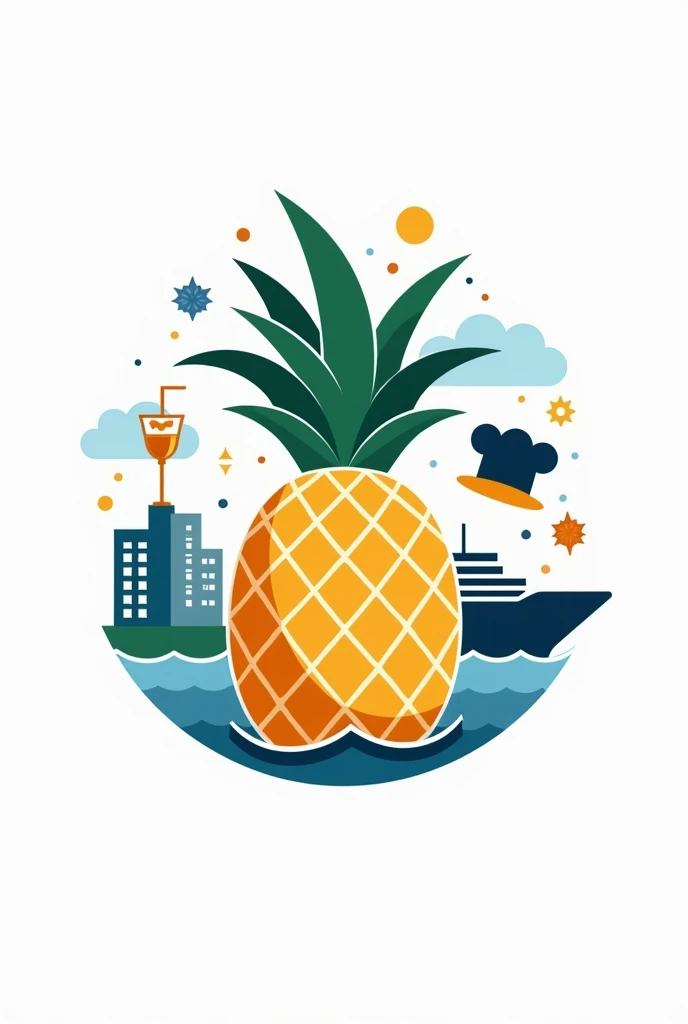 A logo for Hospitality Management in college course. That has pineapple as the center and has hotel, cooking, bartending, and a ship. Possibly something like incorporated all together but still noticeable for each of them