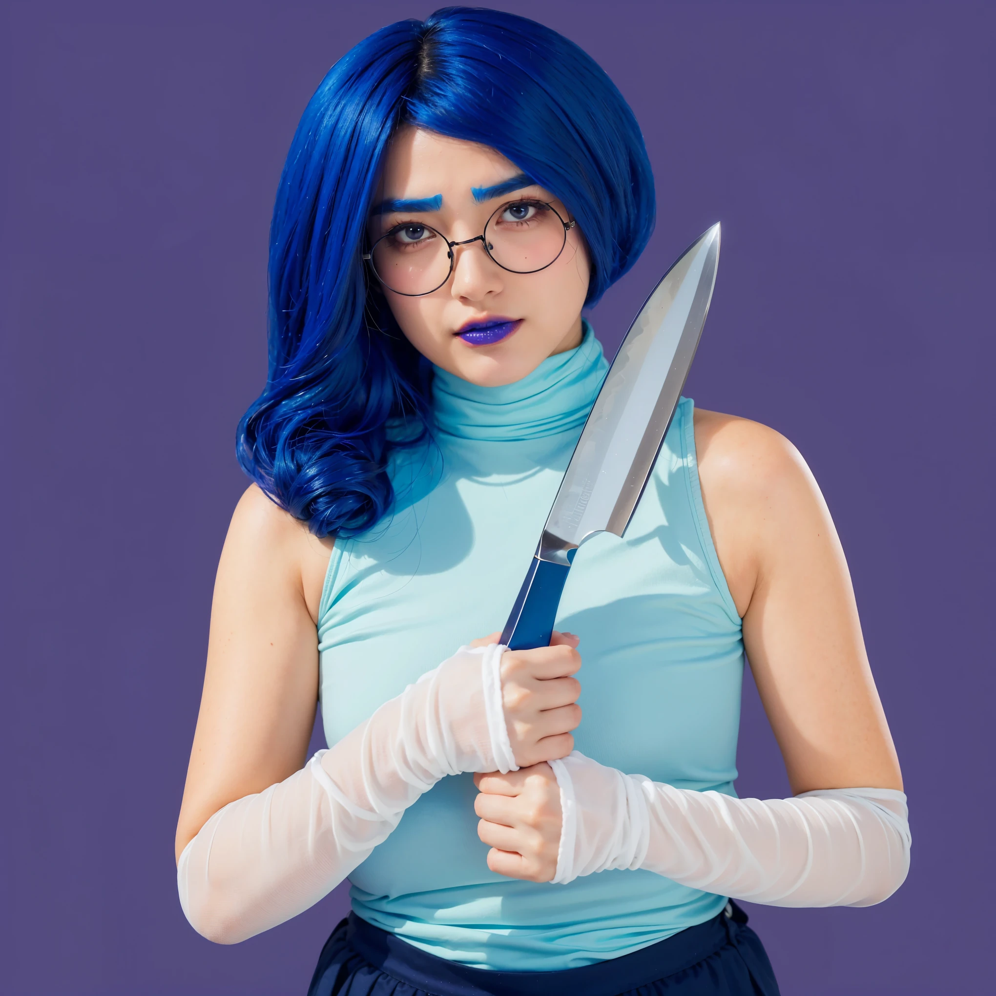 This image features a woman with vibrant blue hair styled in soft waves, highlighting her striking blue eyes accentuated by matching eyeglasses. She wears a light blue turtleneck sleeveless top and white wrist wraps, suggesting an element of physical activity or protection. The prominent feature is her firm grip on a large chef’s knife, aligning with a theme of precision or readiness. Her serious and slightly intense expression complements the setup, emphasizing focus and determination. The purple background adds a cool tone to the scene, enhancing the overall mysterious and bold aesthetic of the image. The purple background complements the costume, creating a vibrant and engaging scene. (glossy plastic texture with multiple big light probe refractions), perfect cgi, smooth silhouette, high intensity refraction, (super glossy plastic material), most beautiful vfx, , realistic, 4k, high resolution, rim light, smooth 3d model, multiple light sources, rim light, sharp post effects render,, realistic, 4k, high resolution, rim light detailed digital art, reflective, best quality, 4k, masterpiece:1.2, ultra-detailed, realistic, vivid colors, The image of the highest quality, ensuring every detail showcased perfectly. It in 4k resolution, allowing viewers to immerse themselves in the richness of the colors and intricate details. The realistic rendering. under the spotlight, reflecting, high-resolution image, realistic rendering
