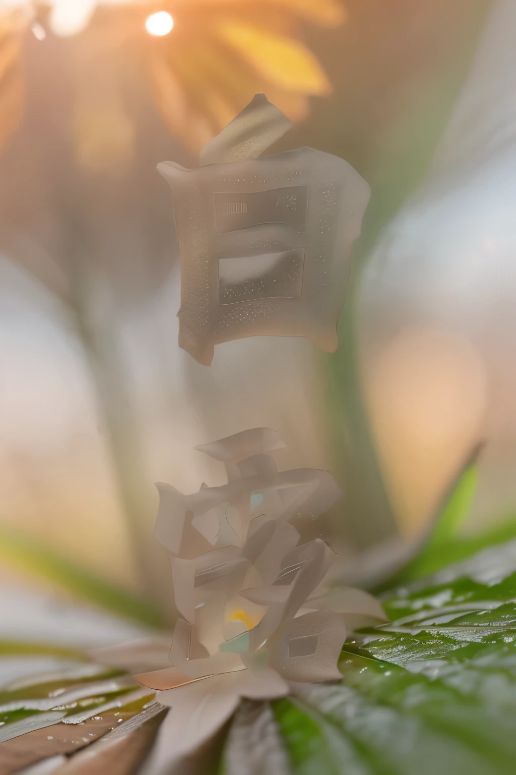 white crystal foreground, water droplets and dew on the leaves background, autumn, dewdrops, detailed droplets, plant photography