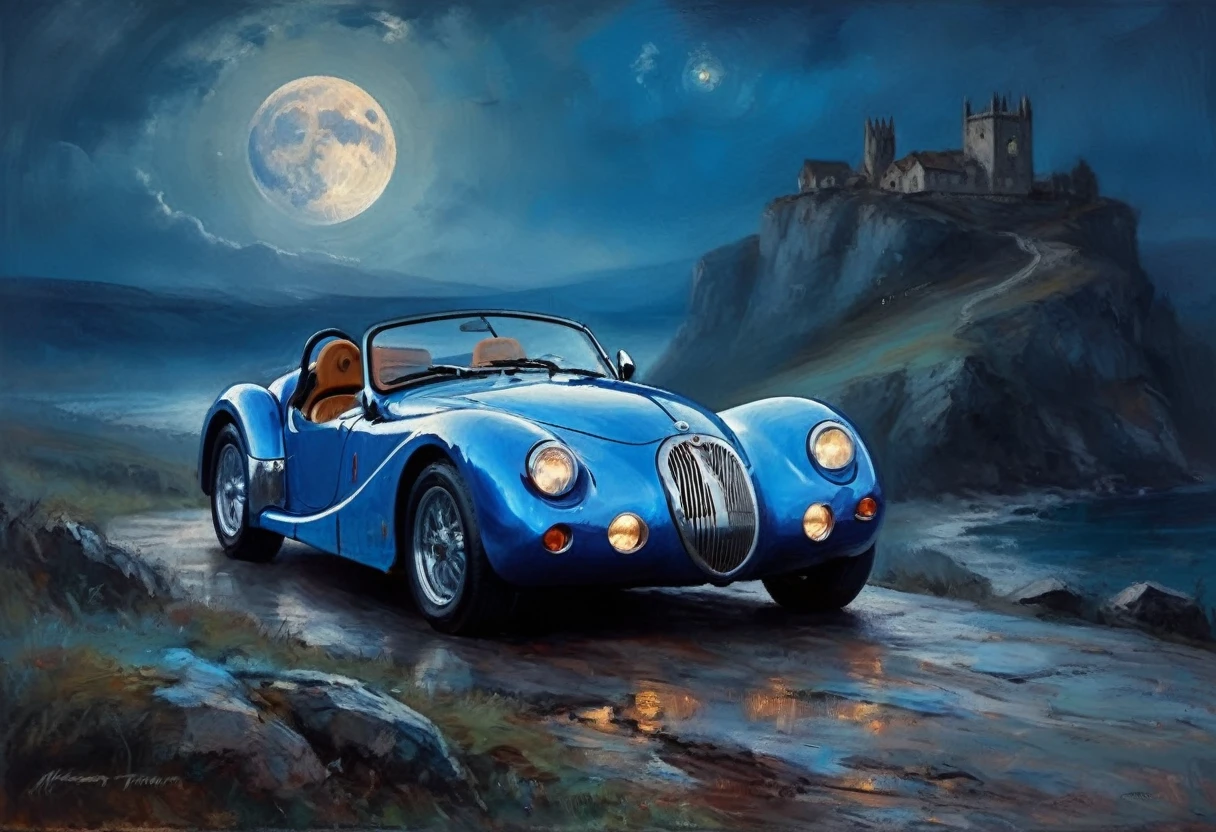 An old car Wiesmann MF 3 Roadster on a cliff
shrouded in a mysterious blue fog on a full moon (inspired by William Turner)(masterpiece, top quality, best quality, official art,
beautiful and aesthetic:1.2) very dark colorful, ((oil painting palette)) extreme detail, perspective, 8k