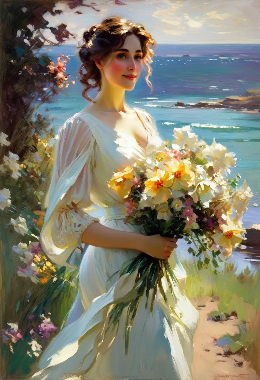 impressionist painting of a woman in a white dress holding a bouquet of flowers, daniel gerhartz, inspired by daniel f. gerhartz, daniel f. gerhartz, daniel f. gerhartz, danile gerhartz, inspired by howard chandler christie, sargent johnson, howard chandler christie, john sinier sargent, inspired by sargent johnson