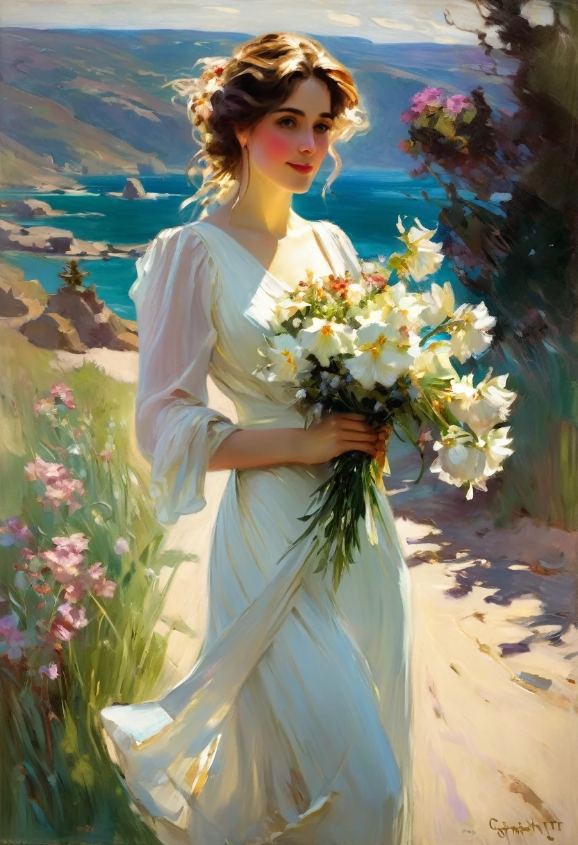 impressionist painting of a woman in a white dress holding a bouquet of flowers, daniel gerhartz, inspired by daniel f. gerhartz, daniel f. gerhartz, daniel f. gerhartz, danile gerhartz, inspired by howard chandler christie, sargent johnson, howard chandler christie, john sinier sargent, inspired by sargent johnson