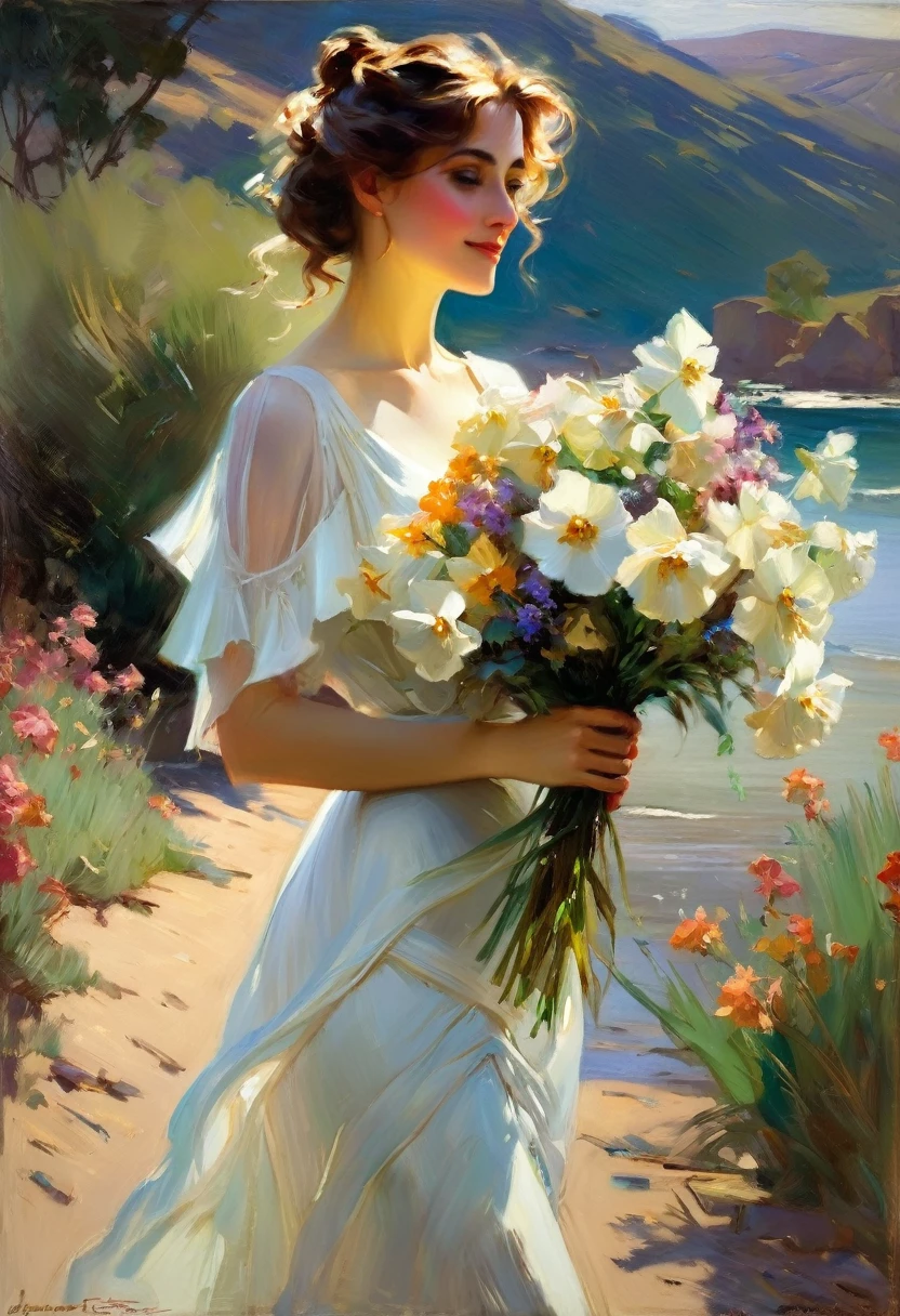impressionist painting of a woman in a white dress holding a bouquet of flowers, daniel gerhartz, inspired by daniel f. gerhartz, daniel f. gerhartz, daniel f. gerhartz, danile gerhartz, inspired by howard chandler christie, sargent johnson, howard chandler christie, john sinier sargent, inspired by sargent johnson