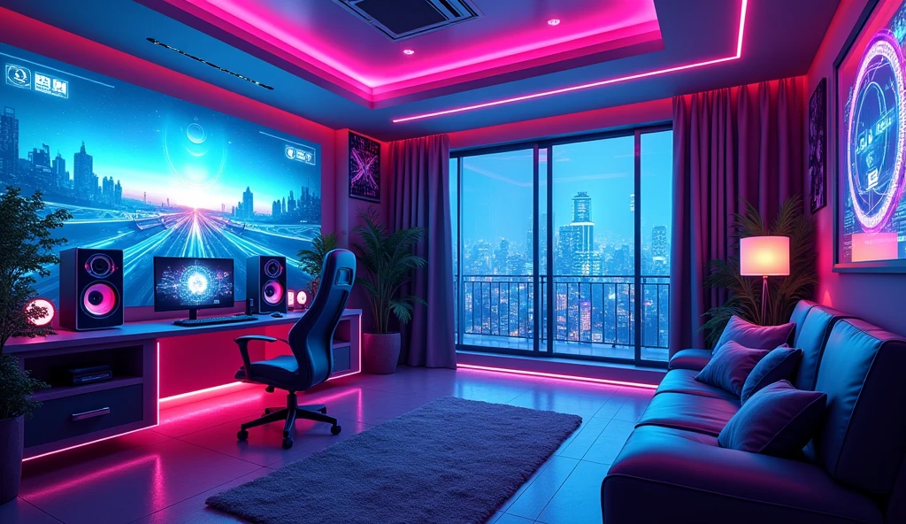 a vibrant cyberpunk gaming bedroom, adorned with captivating blue-purple neon lights , bring a futuristic atmosphere to life, spacecore