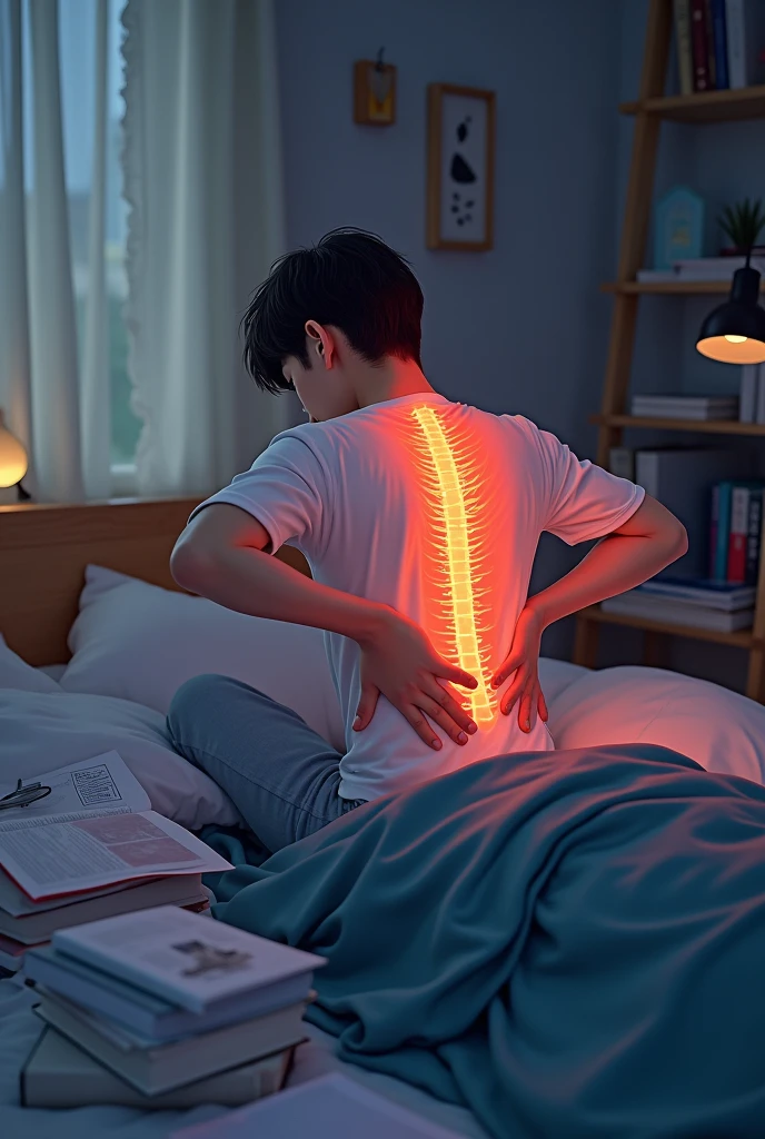 A student had back pain while studying in bed.