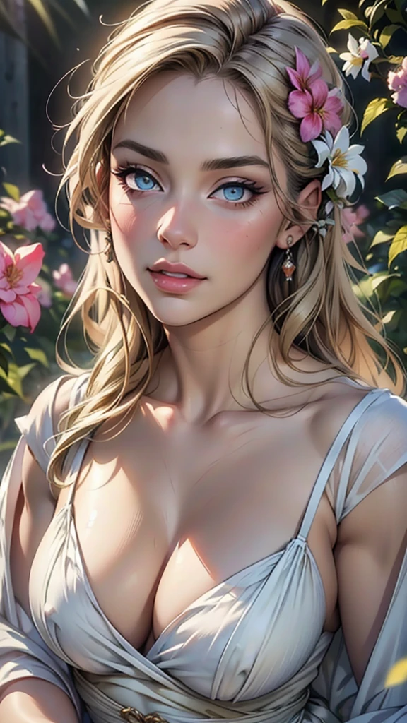 (top quality,4K,8 K,a high resolution,masterpiece:1.2),super detailed,(realistic,photorealistic,photo-realistic:1.37),detailed and beautiful eyes,thick and beautiful lips,very detailed eyes and face,long eyelashes,[USA, bright colors,soft natural light,romantic atmosphere,bright flowers, flowy dress,feminine and elegant pose,Happy and confident look, Haute Couture Style, Dreamy landscapes, Artistic portrait, quality of art printing, oil painting techniques, impressionistic style.