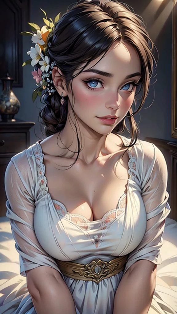 (top quality,4K,8 K,a high resolution,masterpiece:1.2),super detailed,(realistic,photorealistic,photo-realistic:1.37),detailed and beautiful eyes,thick and beautiful lips,very detailed eyes and face,long eyelashes,[USA, bright colors,soft natural light,romantic atmosphere,bright flowers, flowy dress,feminine and elegant pose,Happy and confident look, Haute Couture Style, Dreamy landscapes, Artistic portrait, quality of art printing, oil painting techniques, impressionistic style.