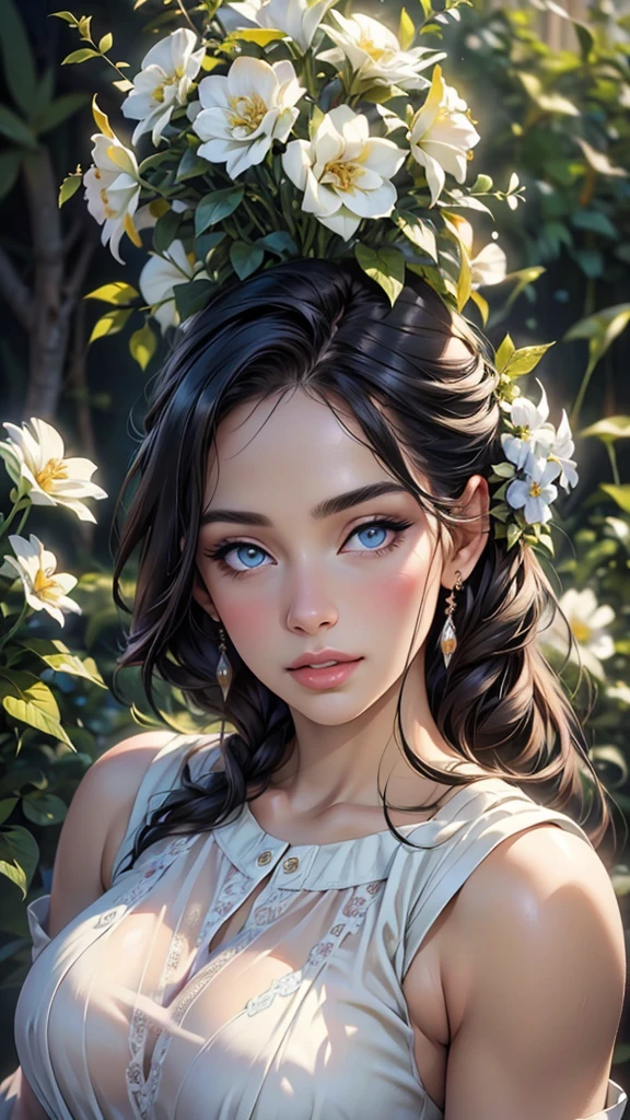 (top quality,4K,8 K,a high resolution,masterpiece:1.2),super detailed,(realistic,photorealistic,photo-realistic:1.37),detailed and beautiful eyes,thick and beautiful lips,very detailed eyes and face,long eyelashes,[USA, bright colors,soft natural light,romantic atmosphere,bright flowers, flowy dress,feminine and elegant pose,Happy and confident look, Haute Couture Style, Dreamy landscapes, Artistic portrait, quality of art printing, oil painting techniques, impressionistic style.