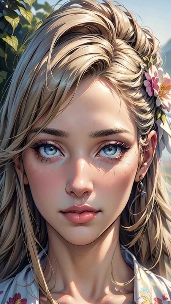 (top quality,4K,8 K,a high resolution,masterpiece:1.2),super detailed,(realistic,photorealistic,photo-realistic:1.37),detailed and beautiful eyes,thick and beautiful lips,very detailed eyes and face,long eyelashes,[USA, bright colors,soft natural light,romantic atmosphere,bright flowers, flowy dress,feminine and elegant pose,Happy and confident look, Haute Couture Style, Dreamy landscapes, Artistic portrait, quality of art printing, oil painting techniques, impressionistic style.