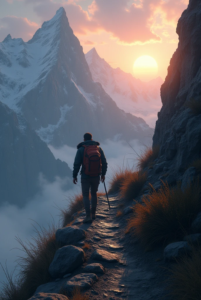 Show Arjun climbing a steep, rocky mountain path in the early morning light. He is determined, yet visibly tired, as he makes his way up. The sky should be just beginning to brighten with the first light of dawn, casting a serene and hopeful atmosphere. The mountain is rugged, with rocks and sparse vegetation, emphasizing the difficulty of the climb.