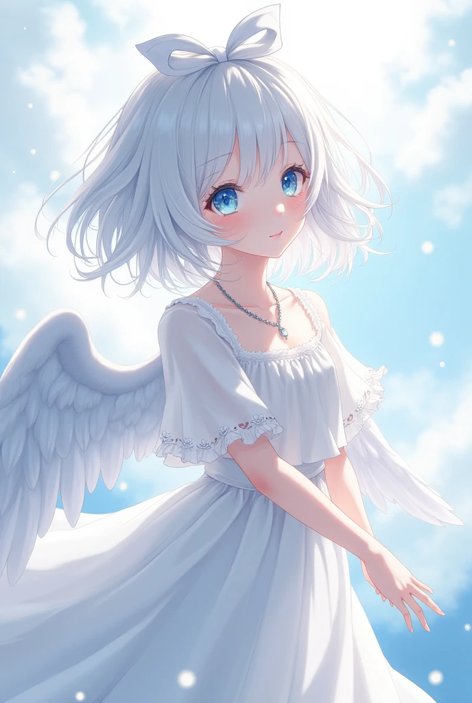 Details of the anime's white hair, blue eyes, White top and white skirt, short hair, white bat wings (small) put a ribbon on your head 