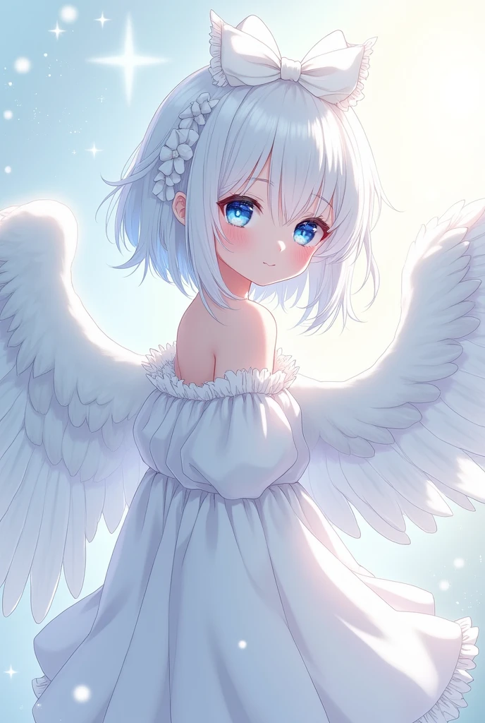 Details of the anime's white hair, blue eyes, White top and white skirt, short hair, white bat wings (small) put a ribbon on your head 