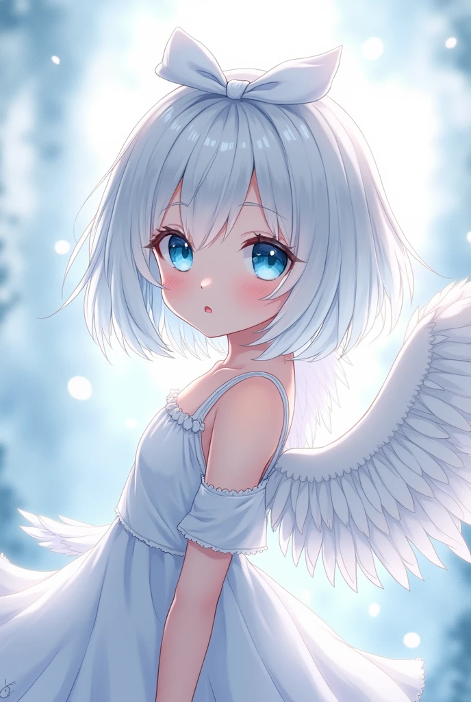 Details of the anime's white hair, blue eyes, White top and white skirt, short hair, white bat wings (small) put a ribbon on your head 