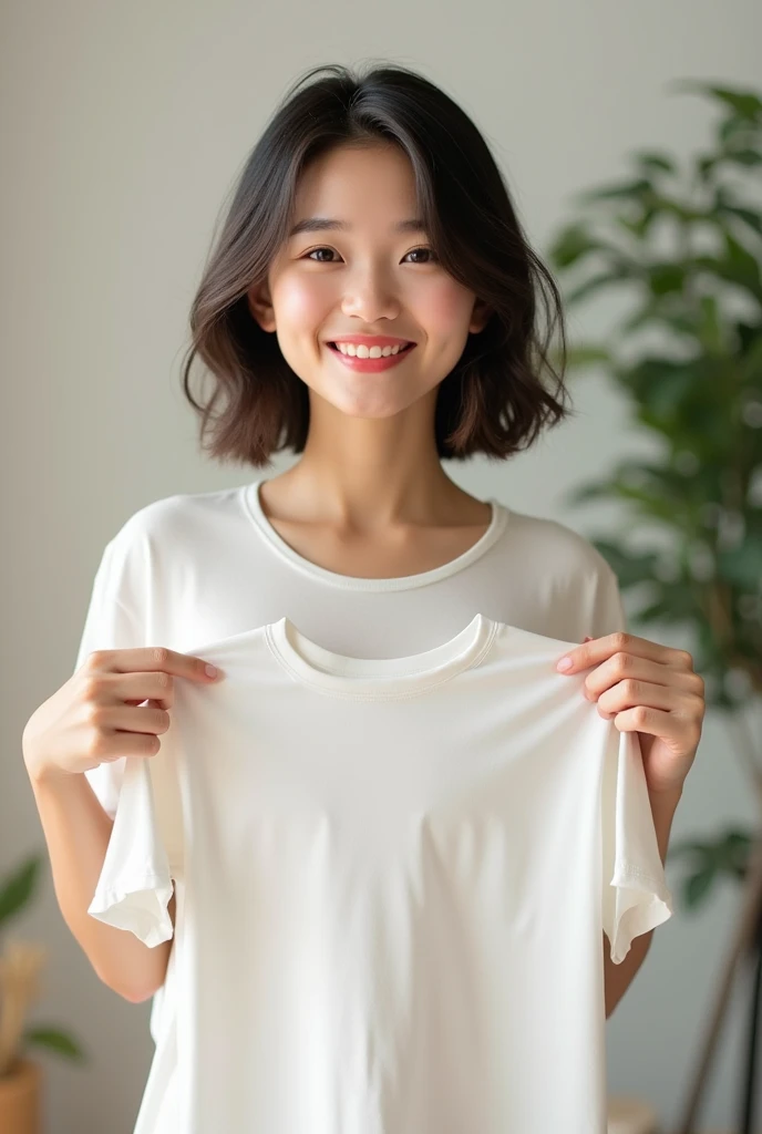 Here is the translation to English:
"Create an 18-year-old Asian girl holding a shirt to showcase, with a cute smiling face. The image should be full-body, slightly revealing, and youthful."